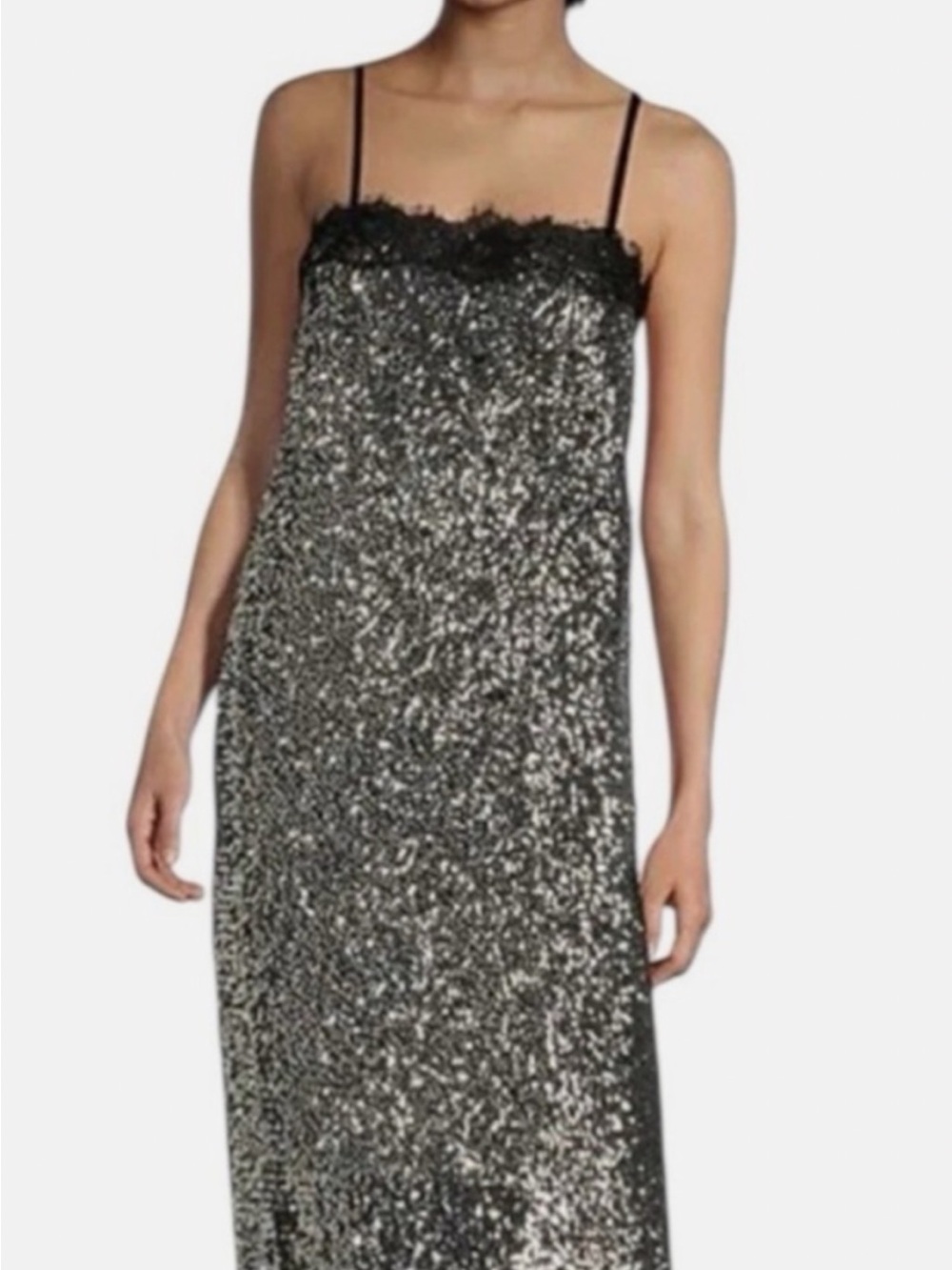 Holiday glam Gianni Bini Silver Sequin Strapless Slip Dress with Black Lace